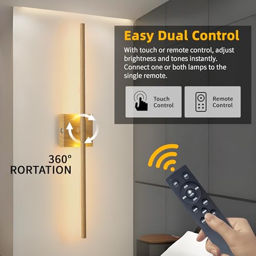 Image of 15800 mAh Battery Operated Wall Sconces with Remote Control Dimmable Battery Powered Cordless Rechargeable Wall Sconces Set of Two 3000K LED Log Burlywood Wireless Wall Light for Living Room