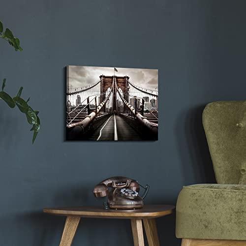 City Landscape Canvas Wall Art: Modern Nyc Prints Rust Brooklyn Bridge Picture Industrial New York Painting Retro Brown Skyline Photographic Gray Contemporary Vertical Cityscape Artwork For Bedroom #TOP3