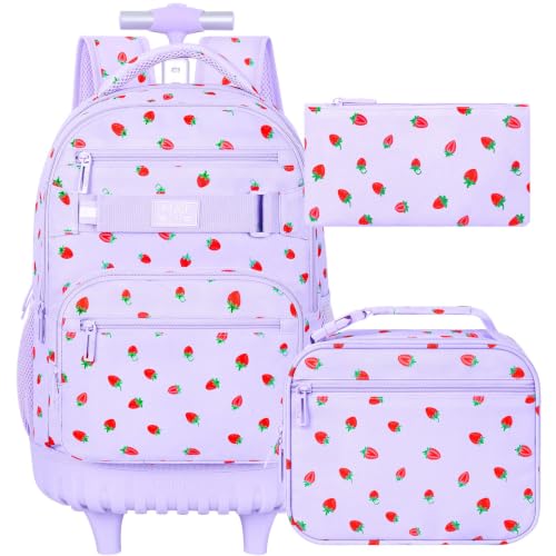 Image of 3Pcs Rolling Backpack for Girls Women, Travel Roller Backpacks with Wheels for Adults, Teens College Strawberry Wheeled Bookbag with Lunch Box (Purple)