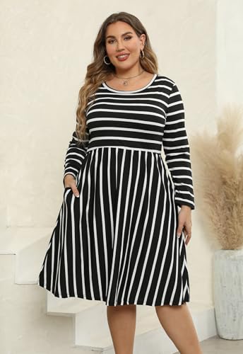 Image of Nemidor Women's Round Neck Long Sleeve Casual Plus Size Fit and Flare Midi Dress with Pocket NEM169