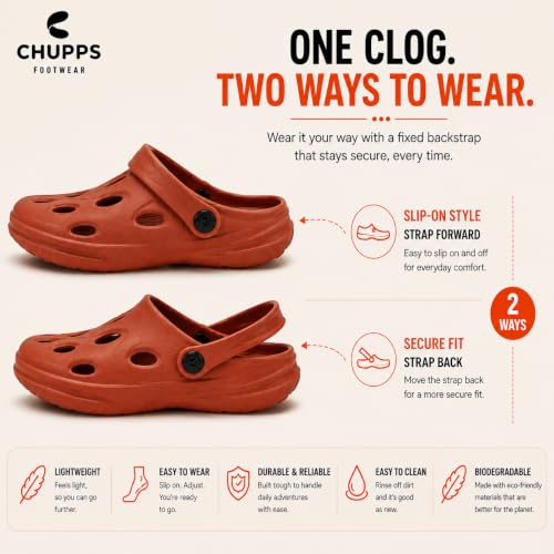Image of CHUPPS Gator Clogs for Men | Lightweight EVA Clogs | Anti-Slip Sole | Cushioned Footbed | Breathable Ventilation | Adjustable Back Strap | Waterproof Casual Garden Clogs for Men