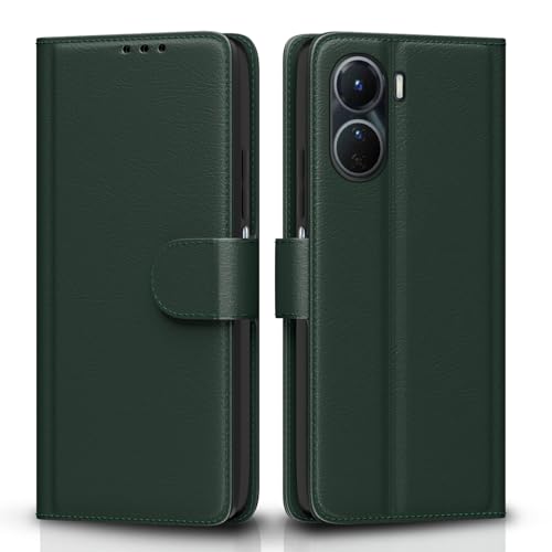 Image of Pikkme Flip Cover for Vivo Y16 Leather Finish | Inside TPU with Card Pockets | Wallet Stand and Shock Proof | Complete Protection Flip Case (Green)