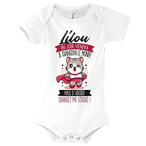 Planetee Body bébé Manches Courtes Prénom Fille Lilou Humour Naissance Cadeau Bébé Anniversaire Noël