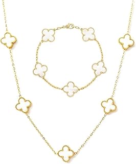 Clover Design Mother of Pearl Bracelet and Necklace Set, 18K Gold Plated Chain Jewellery