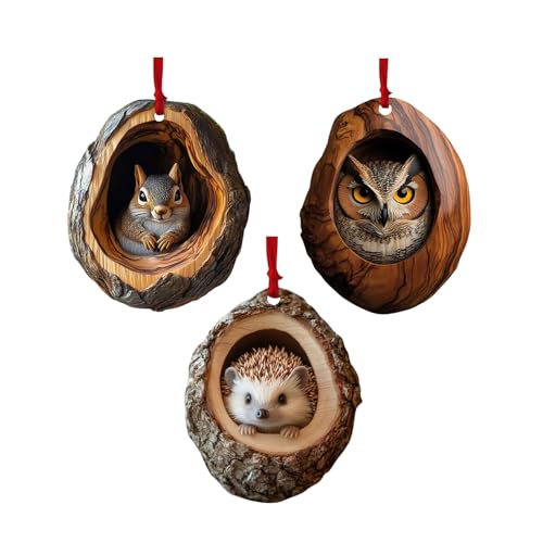 Racoon Owl Christmas Tree Decorations, 2D Raccoon Squirrel Ornament Pendant, Cute Animal Rustic Seasonal Décor, Hedgehog Bunny Bird Christmas Ornaments For The Home, Shelf, Bookshelf (3pcs)