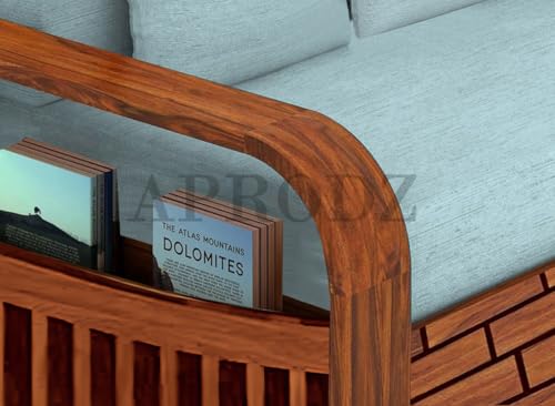 Image of APRODZ Solid Sheesham Wood Sofa Cum Bed 3 Seater Velevt Fabric with Blue Upholstery & Cushion Perfect Sofa Furniture for Home Living Office Room and Guests (Honey Finish 75x69x30-Inch)