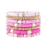 Pychee Summer Surfer Heishi Bracelet Set for Women Stackable Gold Plated Clay Ploymer Bead Stretch Pink Beach Layering Bracelets Jewelry (A-pink&gold set)