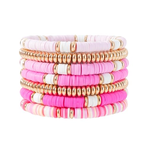 Pychee Summer Surfer Heishi Bracelet Set for Women Stackable Gold Plated Clay Ploymer Bead Stretch Pink Beach Layering Bracelets Jewelry (A-pink&gold set)