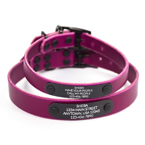 Handmade Personalized Bridle Leather Dog Collar, Engraved Matte Black Metal Nameplate (Magenta)