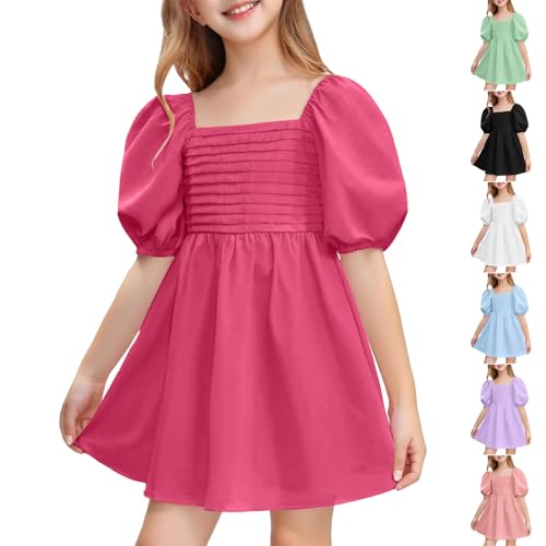 Girls Puff Sleeve Summer Dress Loose Pleated Square Neck Cute A-Line Swing Beach Dresses for 3-12 Years2