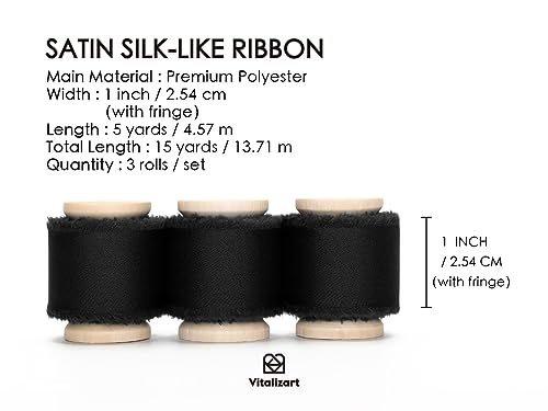 Vitalizart Black Silky Satin Ribbon 1 inch x 15 Yard Wooden Spool Handmade Frayed Ribbon for Gift Wrapping Baby Shower Wedding Bridal Bouquets Holiday Decoration 3 Rolls x 5 Yard - Image 2