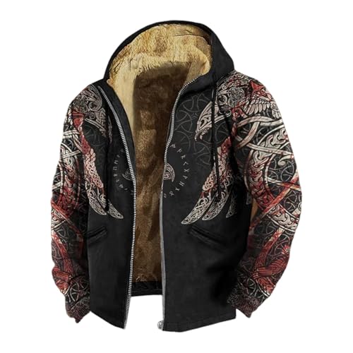 Foweknow Wikinger Jacke Herren Viking Tattoo Kapuzenjacke Mit Fleecefutter 3D-Druck Zip Hoodies Verdickte Langarm Kapuzenpullover Sweatjacke Gothic Mittelalter Vintage Hooded Mit Tasche