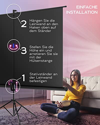 Projektionsbildschirm auf Füßen, 100 Zoll – Bildschirm für Projektor innen und außen für Filme oder Präsentationen – Display auf Stativ HD Premium ohne Falten 16:9 mit Tragetasche und Riemen