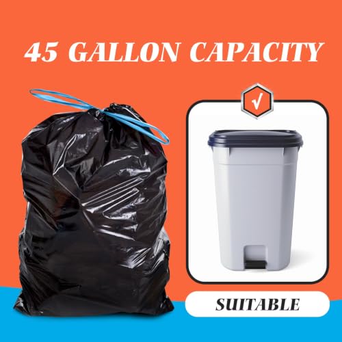 Image of Teivio 55 Gallon Large Black Drawstring Trash Bags 10 Count, 45,50,55 Gal Heavy Duty Garbage Bags for Commercial, Yard, Garage, Industrial, Outdoor Trash Cans, Lawn & Leaf Bags
