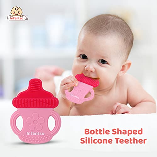 Image of Infantso Non-Toxic Food-Grade Soft Silicone Baby Teether, BPA-Free for Pain-Relief Easy Teething, for 2+ Months Babies (Pink Bottle)