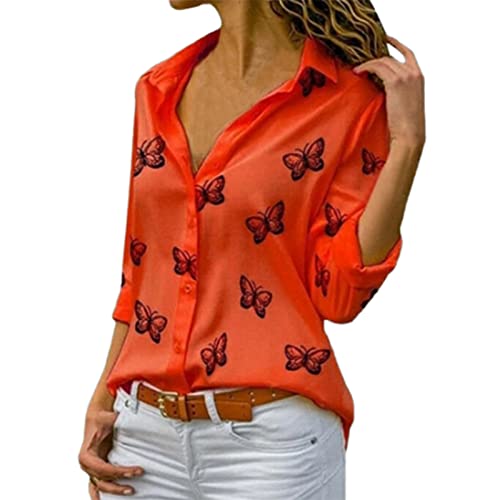 SHINROAD Señora top mariposas de un solo pecho primavera mujeres blusa verano elegante suelta ajuste camisa para uso diario rojo M