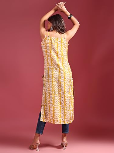 Image of EthnicJunction Women's Cotton Blend Straight Fit Straight Embroidered Batik Print Shoulder Straps Kurta | Navratri Special Kurta