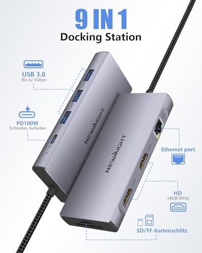 Laptop Docking Station Dual Monitor, Newmight Dual HDIM Adapter für 2 Monitore mit 2 HDIM 4K, 1 Gbps Ethernet, PD 100W Aufladen, 3 USB 3.0, SD/TF Reader, USB C Docking Station für HP/Dell