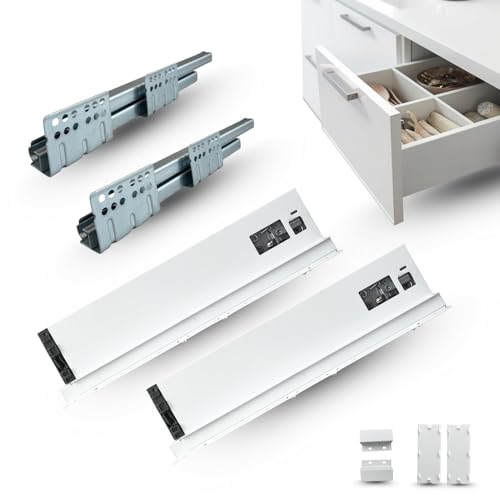 Cajón En Kit De Extracción Total Para Ambiente, Baño, Cocina, Oficina, Nuevo Diseño Delgado, Capacidad De 40 Kg, Guías Sincronizadas H 88 Mm - P 450 Mm Blanco