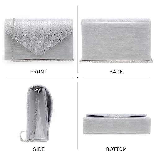 Dasein Women Satin Evening Bag Rhinestone Clutch Purse Wedding Prom Purse Formal Cocktail Party Handbag (Silver) - Thumbnail 4