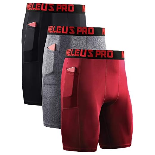 NELEUS Men's Compression Shorts with Pockets 3 Pack,6064,Black/Grey/Red,M,EU L