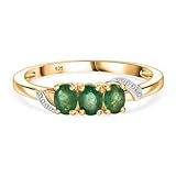 Emerald 3 Stone Trilogy Ring in 18K Yellow Gold Plated 925 Sterling Silver - Oval-Cut Emerald Band with Milgrain Detailing - Classic Past-Present-Future Emerald Ring for Women - Size N