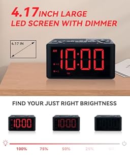 Digital Alarm Clock Radio with AM/FM Radio, Presets, Dual Alarms, Weekday / Weekend Alarm, Snooze, Sleep Timer, Dimmable Red LED Screen for Bedrooms, living rooms, kitchens, offices, etc (Red)