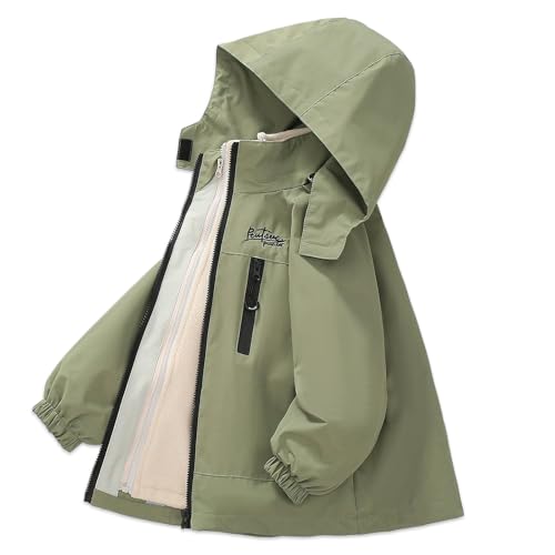 Exemaba Kids 3 in 1 Waterproof Jacket, Boys Girls Winter Rain Coats with Detachable Fleece Lining & Hood for Walking, Hiking, Travelling(Army Green, 160/11-12 Years)