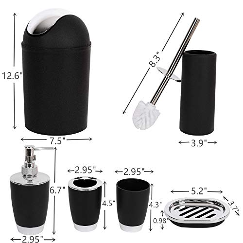 YCOCO Bathroom Accessories Set,6 Pcs Plastic Bathroom Accessories,Toothbrush Holder,Mouthwash Cup,Soap Dispenser,Soap Dish,Toilet Brush,Trash Can,Black - Thumbnail 5