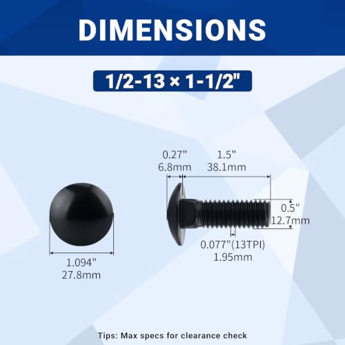 Image of 1 /2-13 x 1-1 /2 inch Black Carriage Bolts with Nuts and Washers Kits (8 Sets), 304 Stainless Steel 18 /8, Black Finish, Round Head, Square Neck, Heavy Duty Bolts, Indoor Outdoor Fastening Bolts, Fayeploo