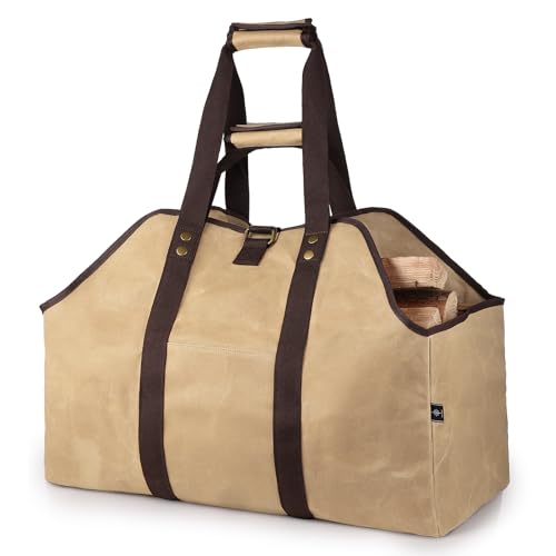 BONTHEE Kaminholzträger XXL, Segeltuch Brennholztasche mit 2 Griffen, 58 x 28 x 45 cm (5_Helles Khaki)