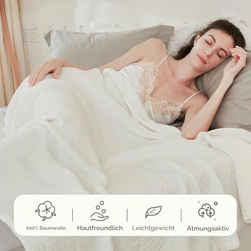 Image of EMME Cotton Muslin King Blanket Big Oversized Bed Layering Bedspread Coverlet Breathable Gauze Soft Lightweight Blankets (White, 120 inchx94 inch)