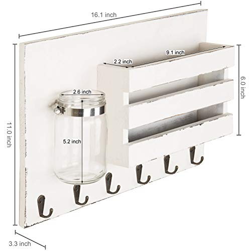 Mygift Vintage White Wood Key And Mail Holder For Wall Rack With 6 Hooks And Decorative Mason Jar Vase #TOP5