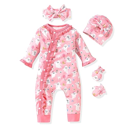 Image of Aalizzwell Newborn Baby Girls Halloween Romper Infant Clothes Outfit NB Clothing Halloween Clothing Pink