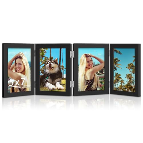 Image of DUENPY 4 Folding 5x7 Accordion Wood Frame Plexiglass Black | Constructed With Engineered Wood And Plexiglass, Elegant Ornament For Desktop Photo Display