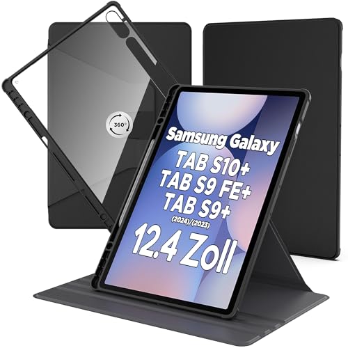 CACOE Custodia Girevole a 360° per Samsung Galaxy Tab S10+/S9+/S9 FE+ Plus 12,4 Pollici 2024 2023, Cover Acrilica Antiurto con Supporto, Nera