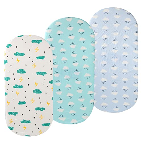 Bassinet Sheets Set 3 Pack for Baby Girl and Boy - 100% Cotton Jersey Fitted Sheet Universal for Oval Rectangle and Hourglass Bassinet Mattress, Cloud and Raindrop Print, White Blue and Green
