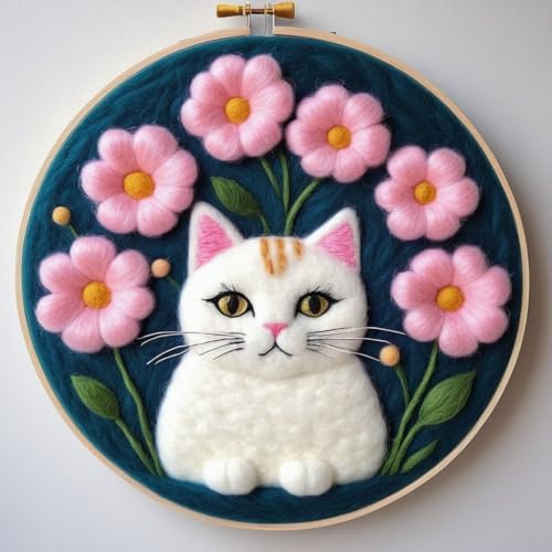 yesJRL Needle Felting Kits Beginners, Cat Pattern DIY Wool Needle Felting Starter Kit, Easy Needle Felt Set with Picture Frame, Foam Pad, Felt Cloth and Instructions for Home Decoration (White Cat)