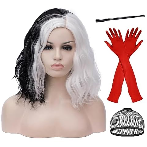 Mildiso Black White Wigs for Cruella Deville Costume Women Cruella Deville Wig with Gloves Short Curly Wavy Hair Wig with Wig Cap M126BW Cover