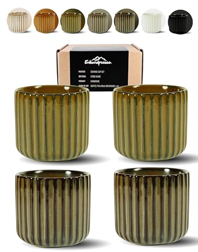 Erkundpresso. - 4 x 180 ml Tazas de Café de Cerámica sin Asa - Tazas de Café para Espresso para agua y té - Resistentes al Calor - Colores Retro - Juego de regalo -Verde + Bronce