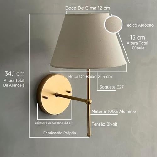 Kit com 2 Luminária de Parede Arandela Quarto Sala Cabeceira Com Cúpula Clássica de Tecido Algodão R