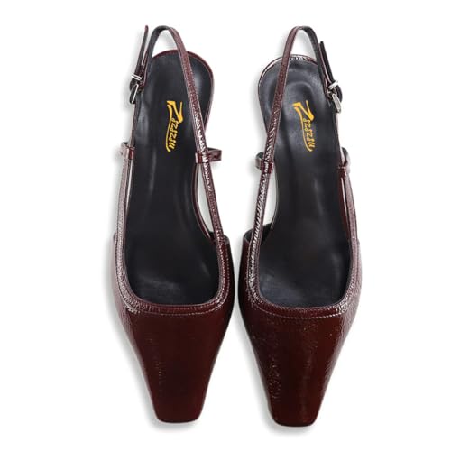 Zszszsu Women's Chic Square Toe Slingback Pumps Kitten Low Heels Buckle Strap Comfy Party Dress Shoes Daily Size 4-16 US4