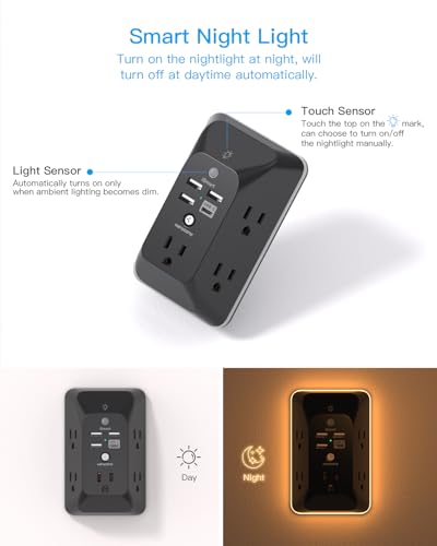 Black Outlet Extender with Night Light, HANYCONY Multi Plug Outlet, USB Wall Charger Surge Protector 4 USB Charging Port(1USB C), Power Strip Electrical Outlet Splitter Expander for Office Dorm Room - Image 3