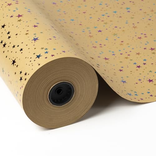 PAKOT | Bobina Papel de Regalo Kraft con Estrellas Irisadas Metalizadas - Rollo 70cm x 25m - Ideal para Navidad, Reyes, Tiendas, Embalaje, Manualidades y Decoraciones
