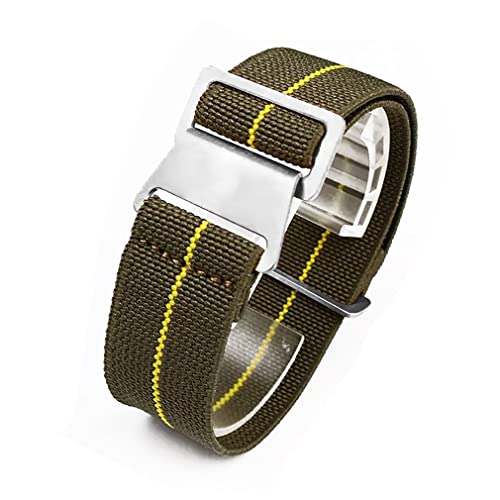 Nice Pies Man's French Troops Military Parachute Watchband Special Elastic Fabric Nylon Canvas Strap Hook Buckle 20/21/22mm Multiple Color Options (20mm, 2 Green+Yellow)