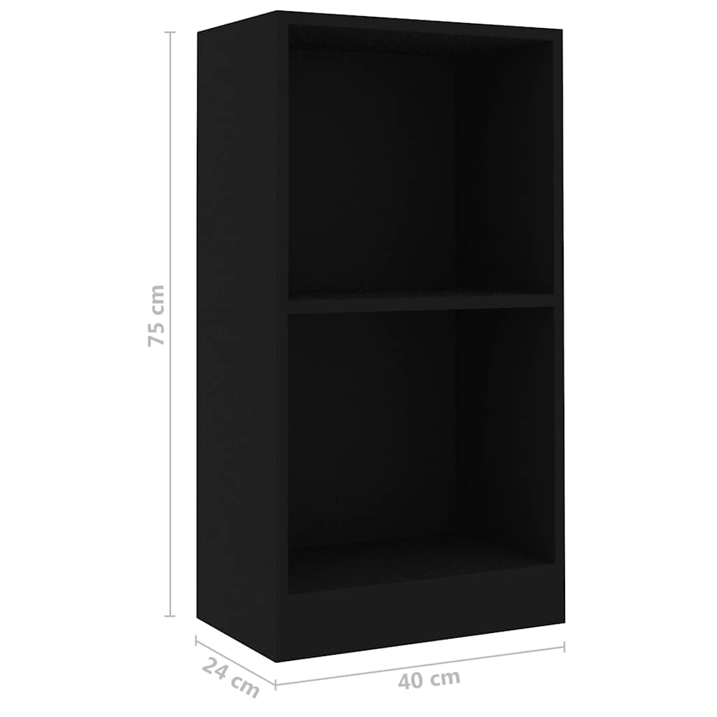 Bücherregal Schwarz aus Holzwerkstoff 40x24x75 cm mit 2 Etagen, stabiles Regalsystem für Wohnzimmer, Büro, Schlafzimmer, vielseitiger Stauraum, einfache Pflege, wandmontierbar