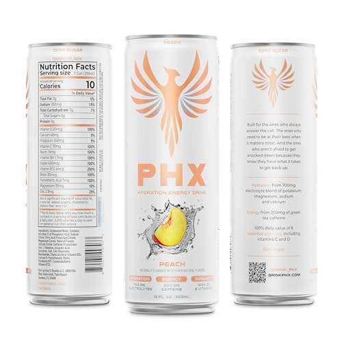 Image of PHX Hydration Energy Drink - 700mg Electrolytes, 200mg Natural Green Tea Caffeine, 100% Daily Value 8 Essential Vitamins - 12 oz Cans (12 Pack, Peach)