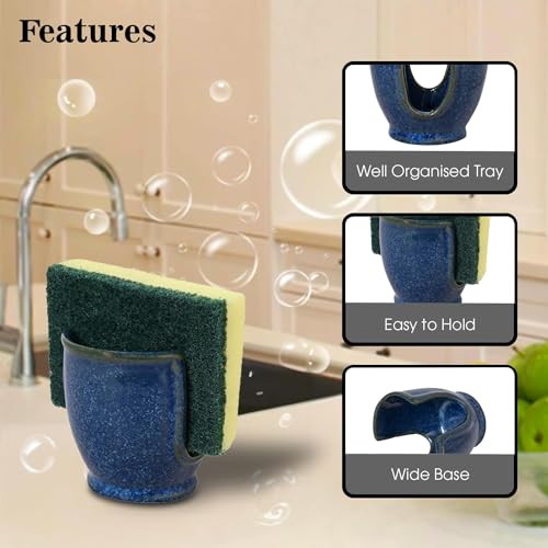 Image of QimacPlus Overseas Sponge Holder Handcrafted Blue U-Shaped Ceramic Sponge Holder for Modern Kitchen Organization and Decor