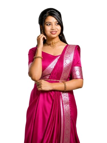 Image of Women's Glory Banarasi Satin Silk Saree Plain Silver Zari | Unstiched Blouse Piece Included.