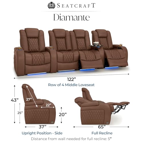 Image of Seatcraft Diamante Tobacco Italian Leather Home Theater Seating, Zero Gravity Power Recliner Gaming and Home Office Chair, Powered Headrest Lounge Sofa Furniture Cinema Room, Row of 4 Middle Loveseats